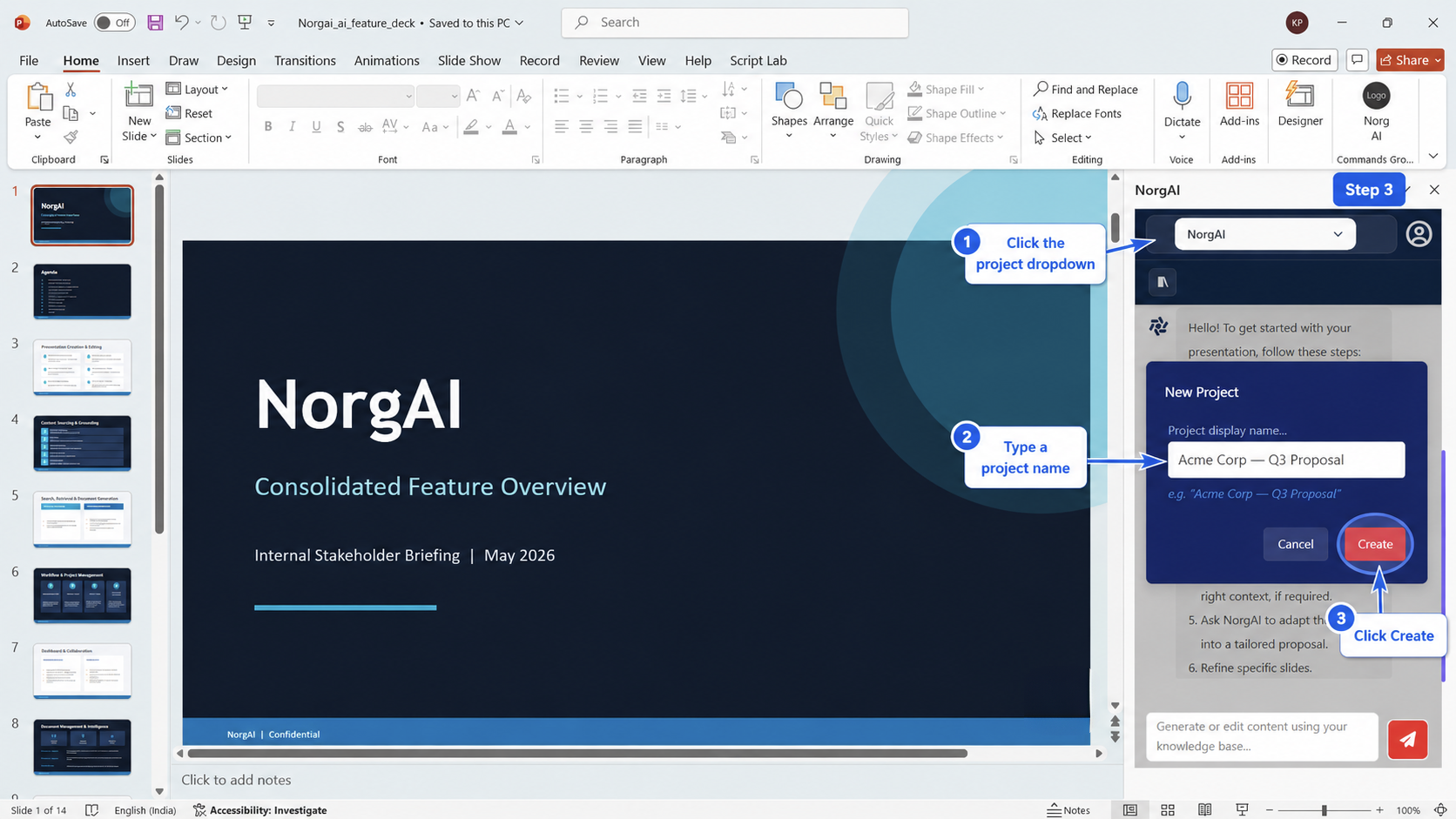 New Project dialog with a name field and a Create button