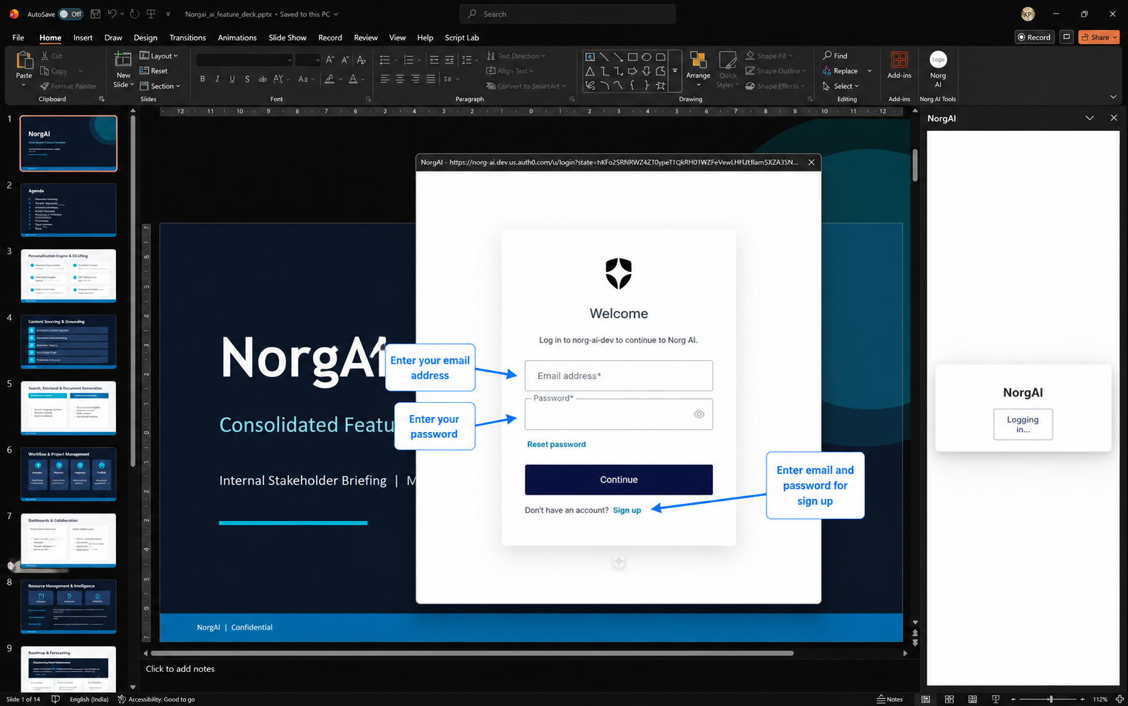 NorgAI sign-in screen showing the Login button in the PowerPoint task pane