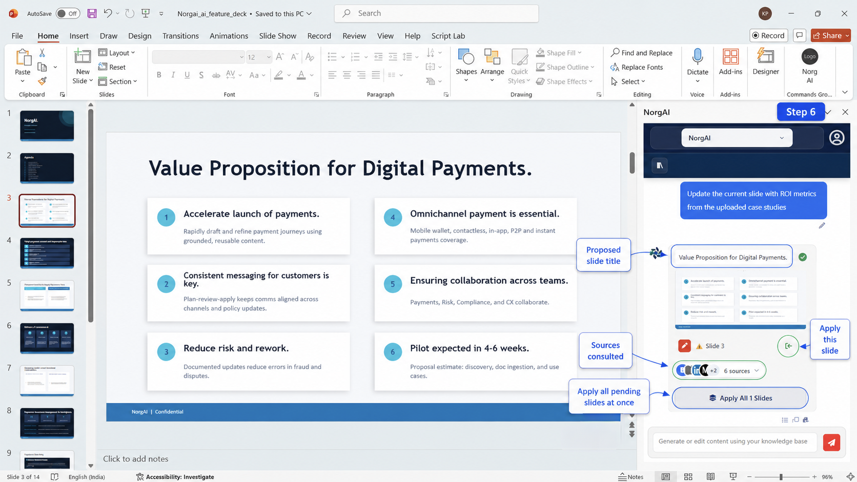 Slide card showing the proposed slide content with a source count and Apply and Apply All buttons
