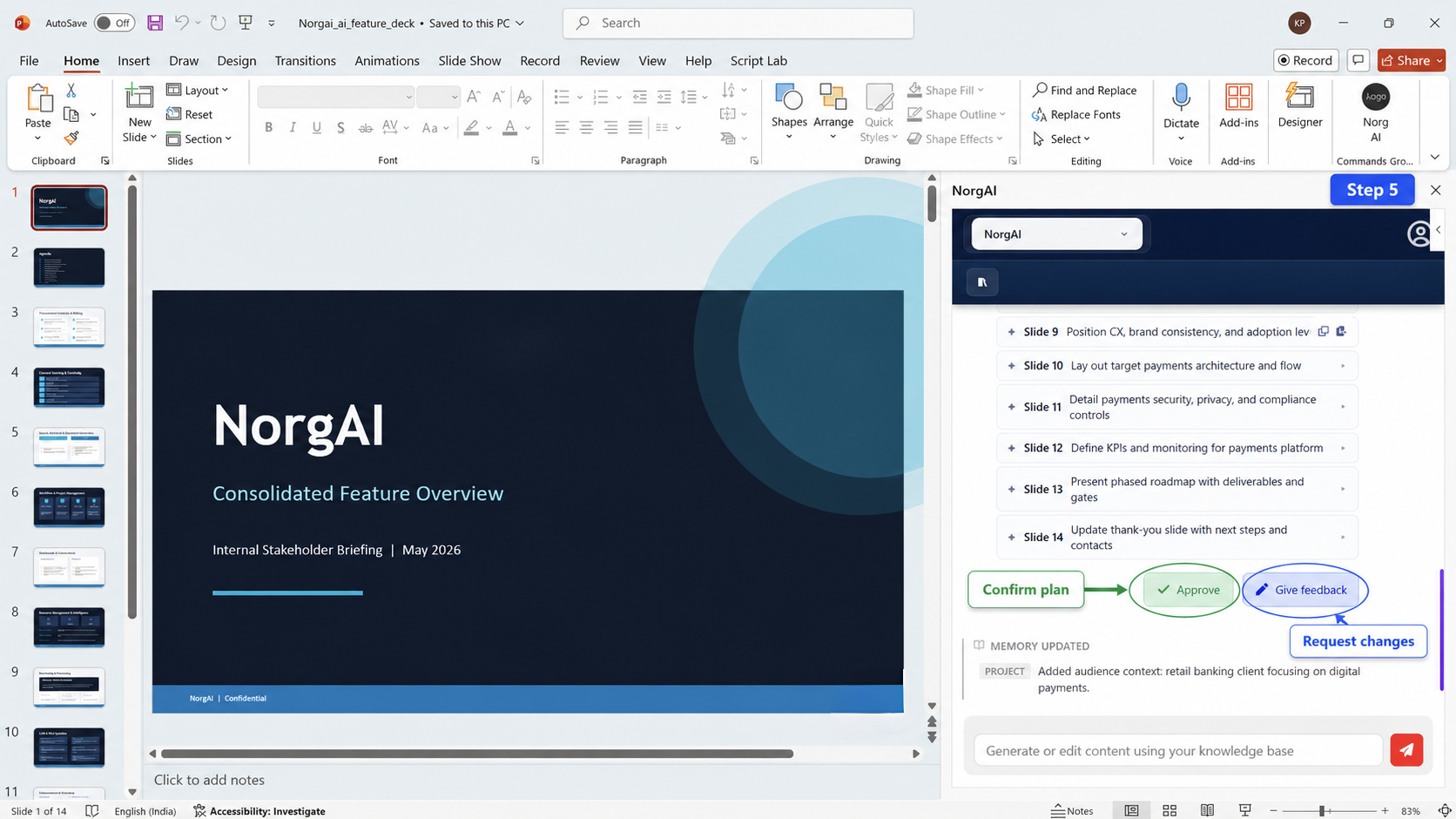 AI-generated slide plan listing each slide with its action type and Approve and Give Feedback buttons