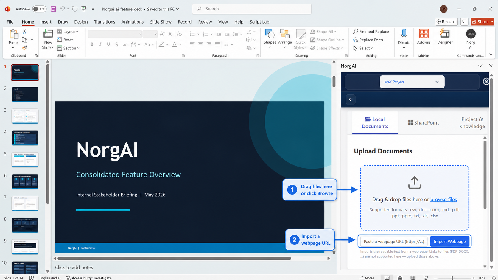 Document upload area with a drag-and-drop zone and a URL import field